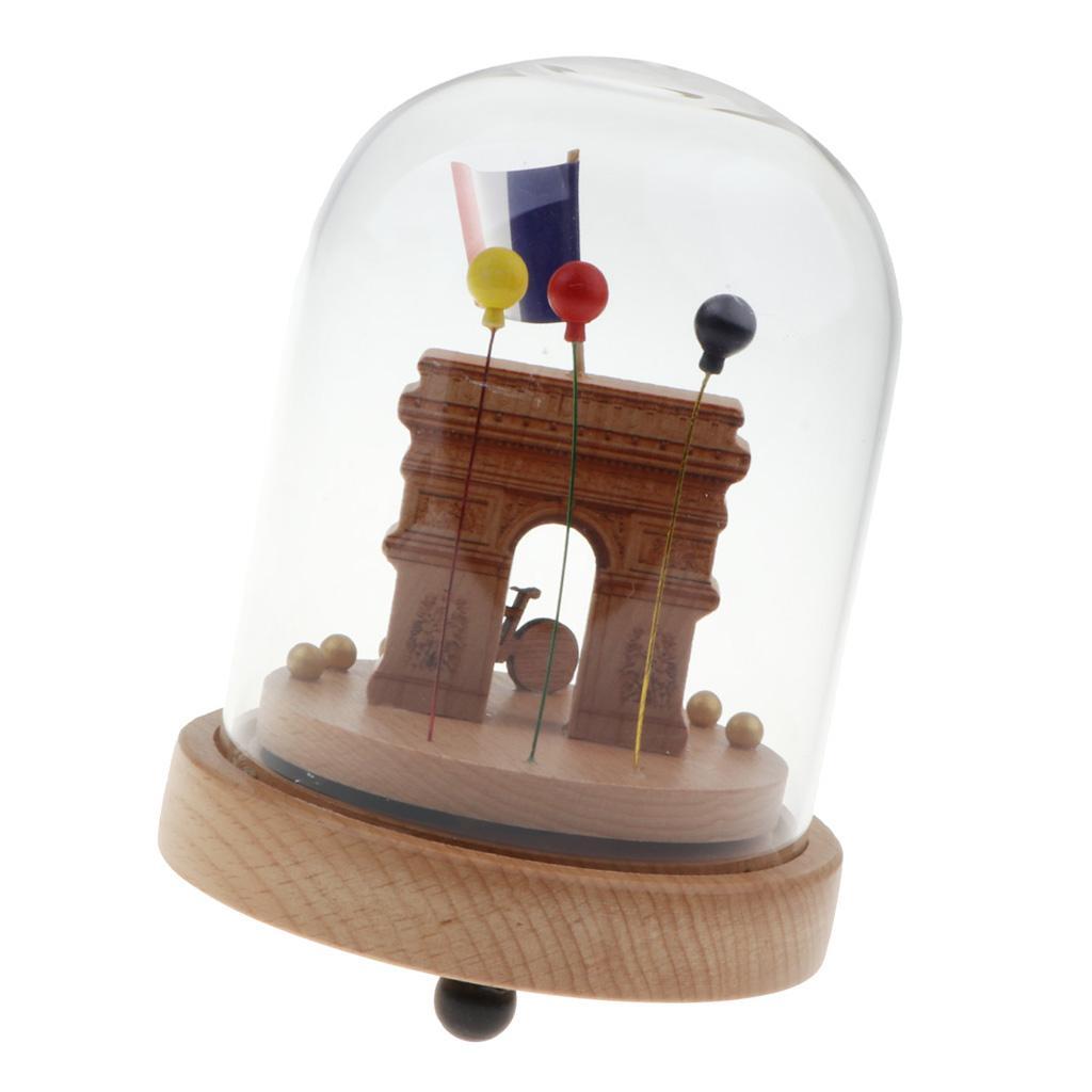 Wooden Luminous Rotating Music Box w/ Glass Dome Home Decor Ornament Gift - Triumphal Arch