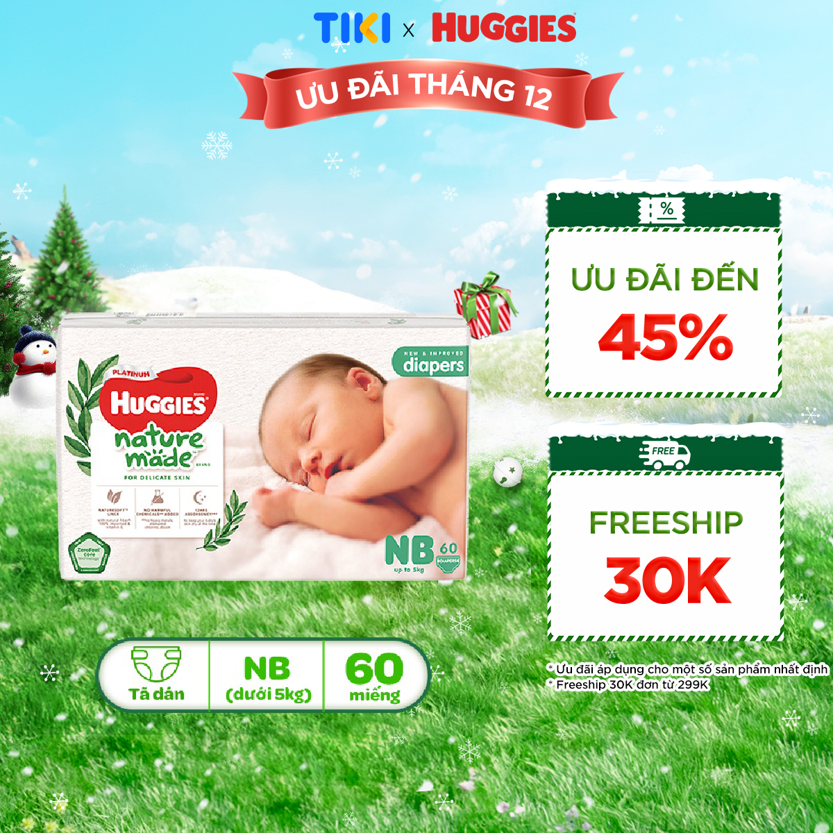 Tã/Bỉm dán sơ sinh Huggies Platinum NatureMade - Gói Super Jumbo S82/ NB60 - Hàng chính hãng