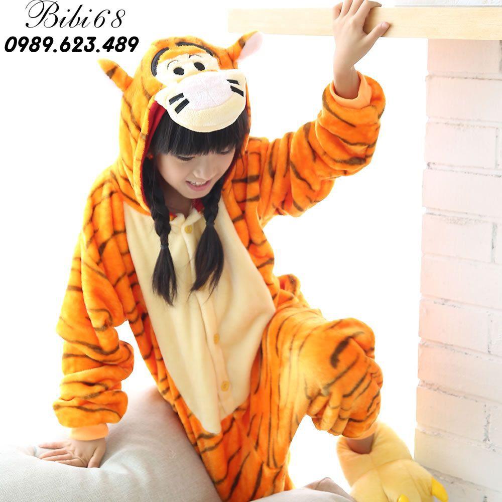 Bộ Đồ ngủ thú hổ vằn liền thân lông mịn Pijama Cho Người Lớn và Trẻ Em kiểu dáng Động Vật Hoạt Hình Cosplay