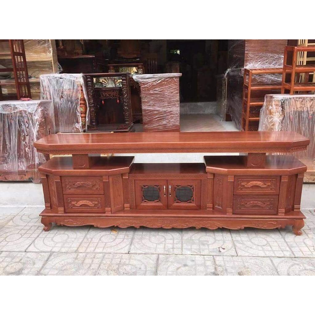 Kệ tivi vát cạnh gỗ xoan đào dài 2m màu cánh gián vân gỗ tự nhiên gỗ đã được xử lý tẩm sấy chống mối mọt sơn PU