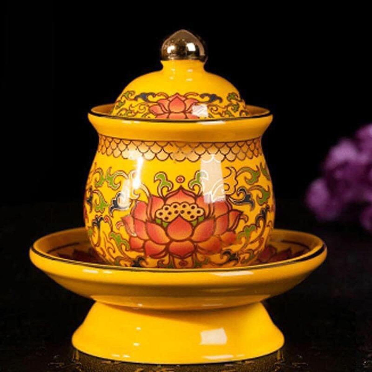 Ly Nước Thờ Chất Liệu Gốm Mầu Vàng Vân Hoa Sen