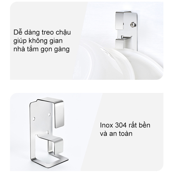 Móc treo chậu thau rửa đa năng nhà tắm inox 304, có keo dán kèm theo, loại đơn hoặc đôi tùy chọn
