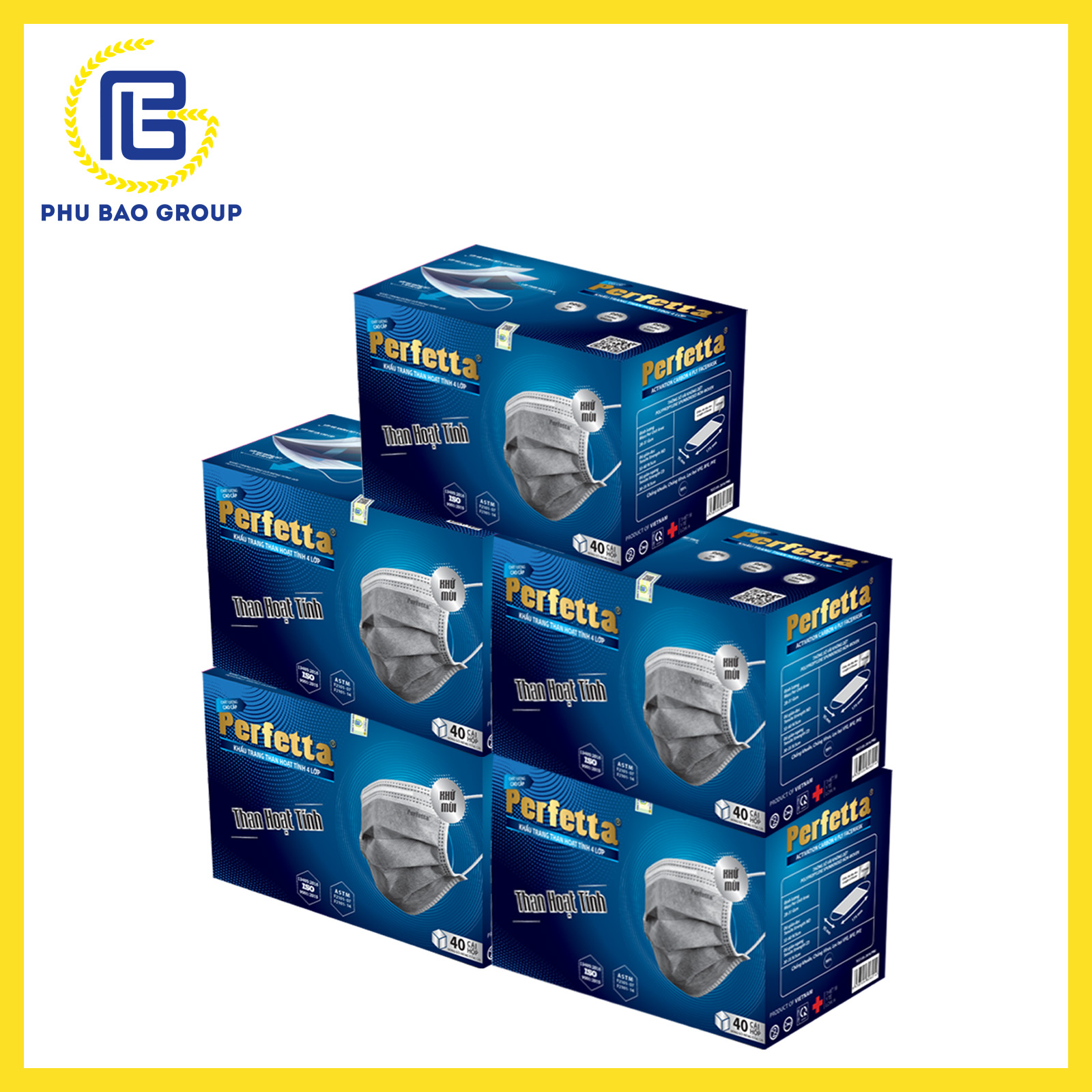 5 hộp khẩu trang 4 lớp Perfetta carbon than hoạt tính - Hàng chính hãng