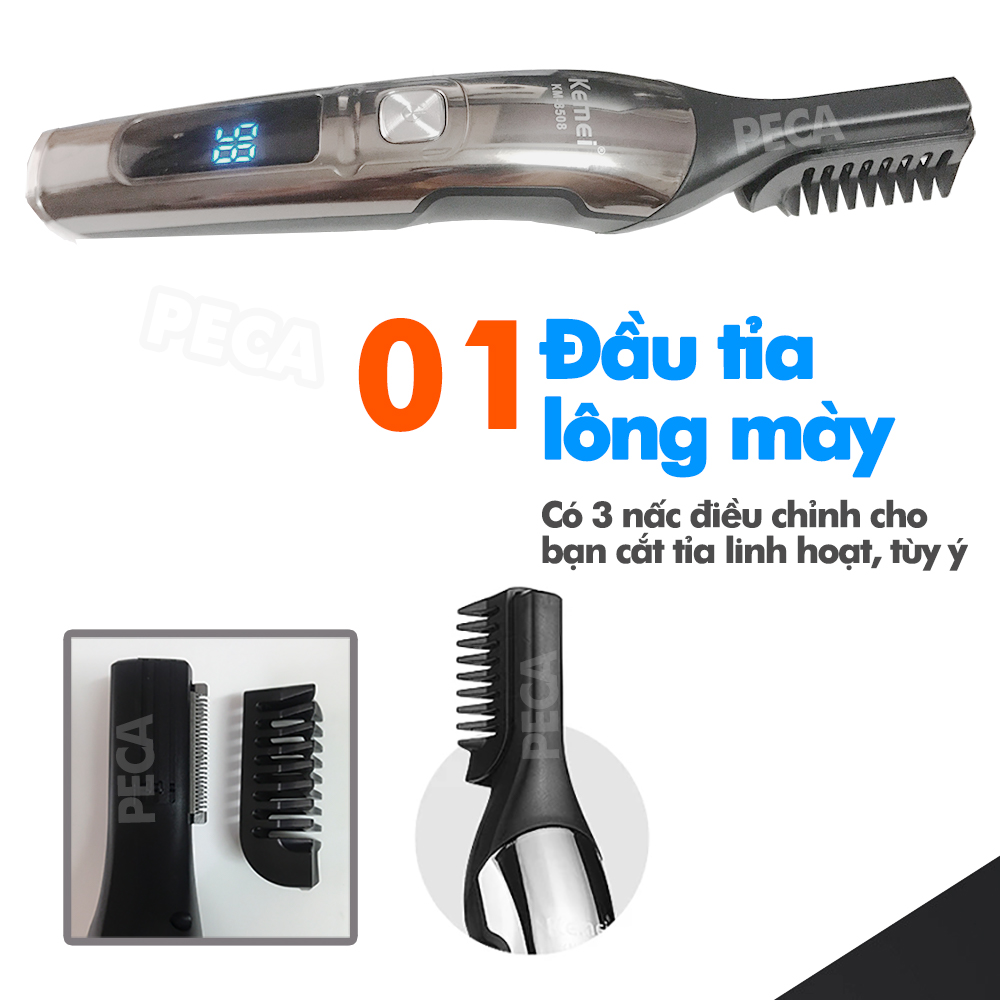 Tông đơ cắt tóc đa năng 11in1 Kemei KM-8508 nhiều đầu thay thế dùng cắt tóc, chấn viền, cạo râu, cạo lông, tỉa lông mũi, cạo chân mày,...có màn hình LED hiển thị điều chỉnh 2 mức tốc độ sạc nhanh 2h