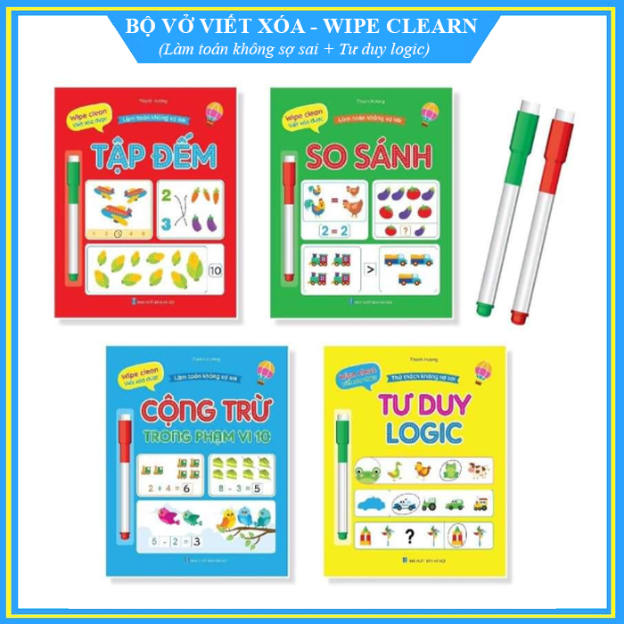 Bộ Vở viết xóa được 4 cuốn - Tư duy logic và làm toán không sợ sai - Wipe clearn (Tặng kèm 2 bút viết xóa)