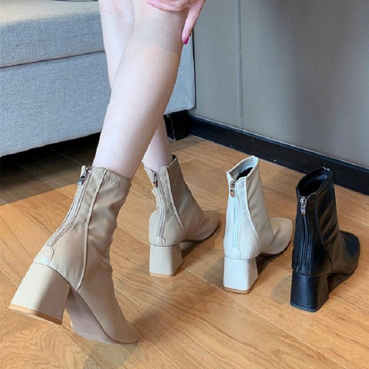 Giày Bốt Da Mềm Nữ Cao Cổ Lót Nỉ Khóa Sau Cao Cấp Gót Vuông Cao 5 Phân - GN397