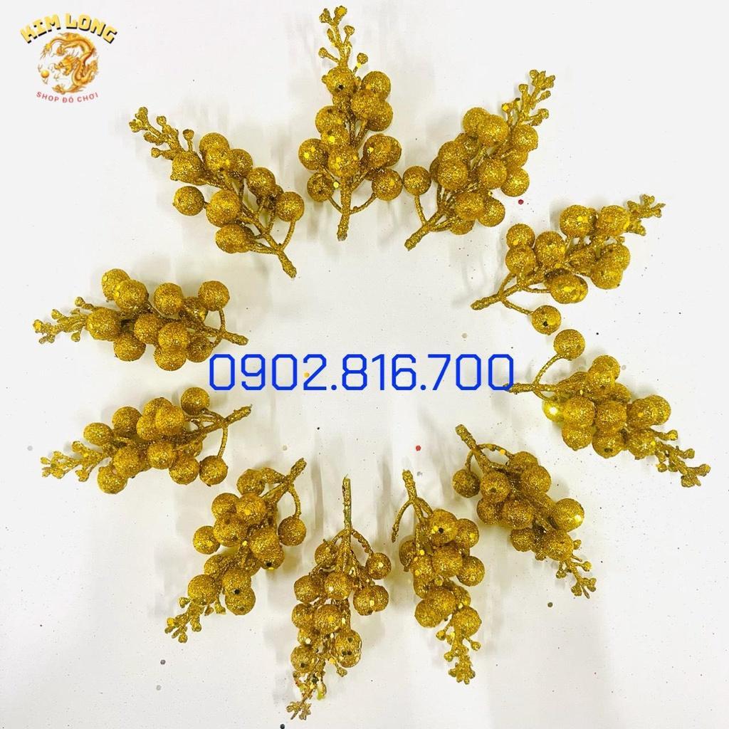 Sét 10 nhánh cherry đỏ trơn phủ kim tuyến bạc đỏ vàng đính cây thông làm vòng nguyệt quế trang trí noel- giáng sinh tết
