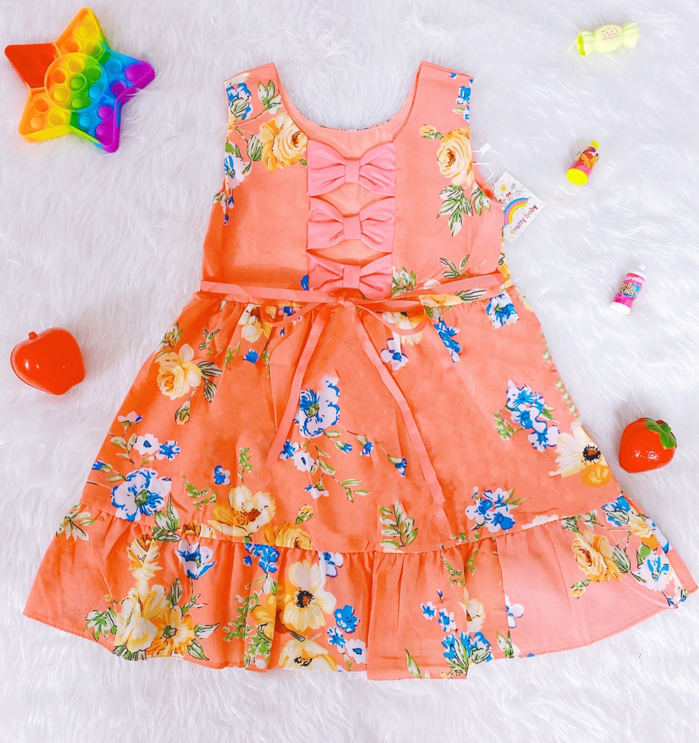 Đầm Váy Bé Gái Size 7-23Kg, 5 Tháng Đến 6 Tuổi Hoa Cam,Kết 3 Nơ, Thiết Kế