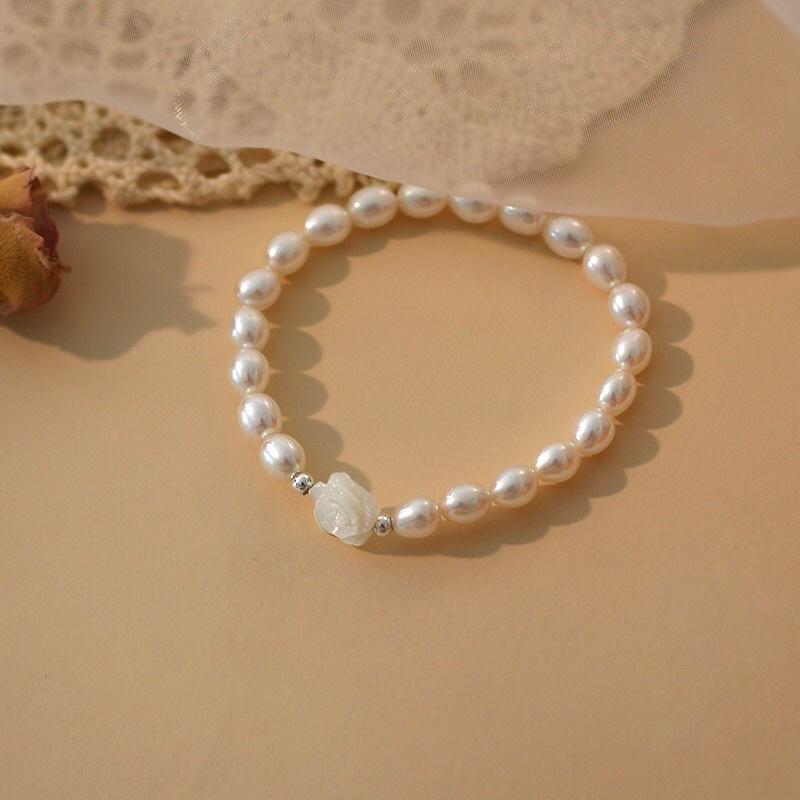 Vòng Tay, Lắc Tay Hạt Ngọc Trai Thật Nước Ngọt Bạc 6ly Mix Charm Hoa Hồng - Trường Thịnh Ngọc Trai