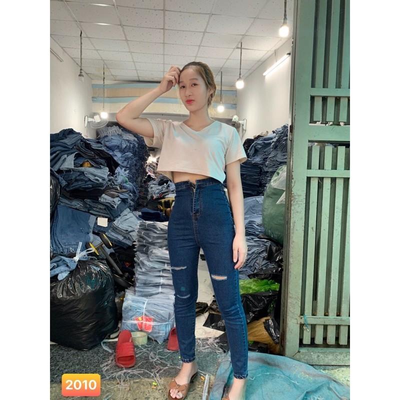 QUẦN JEAN ÔM XANH ĐẬM RÁCH GỐI, CẠP SIÊU CAO