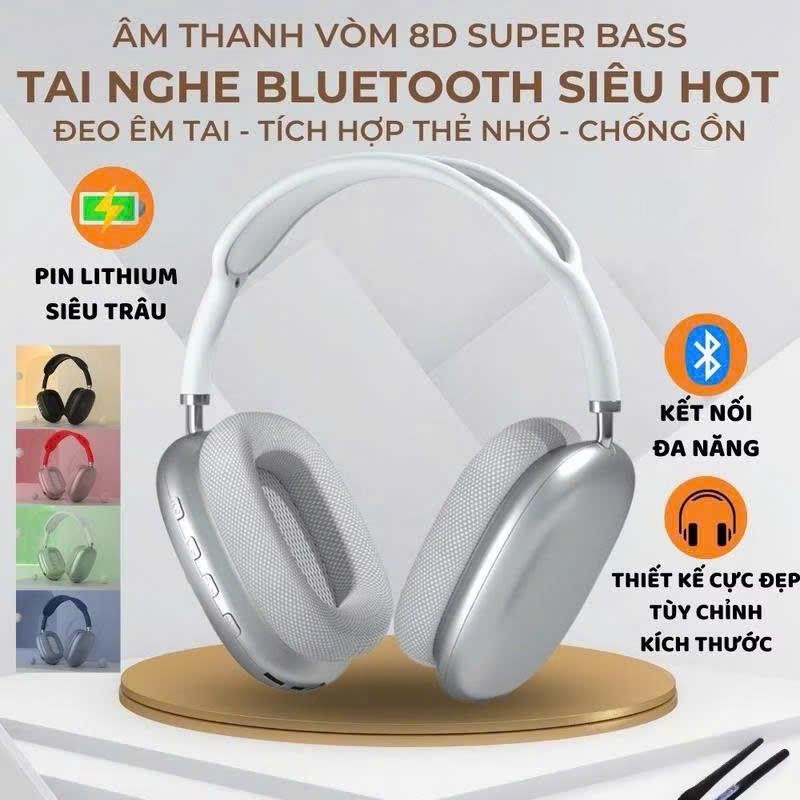 Tai nghe chụp tai Bluetooth không dây Bass siêu mạnh có micro có khe cắm thẻ TF khử tiếng ồn - Hàng chính hãng