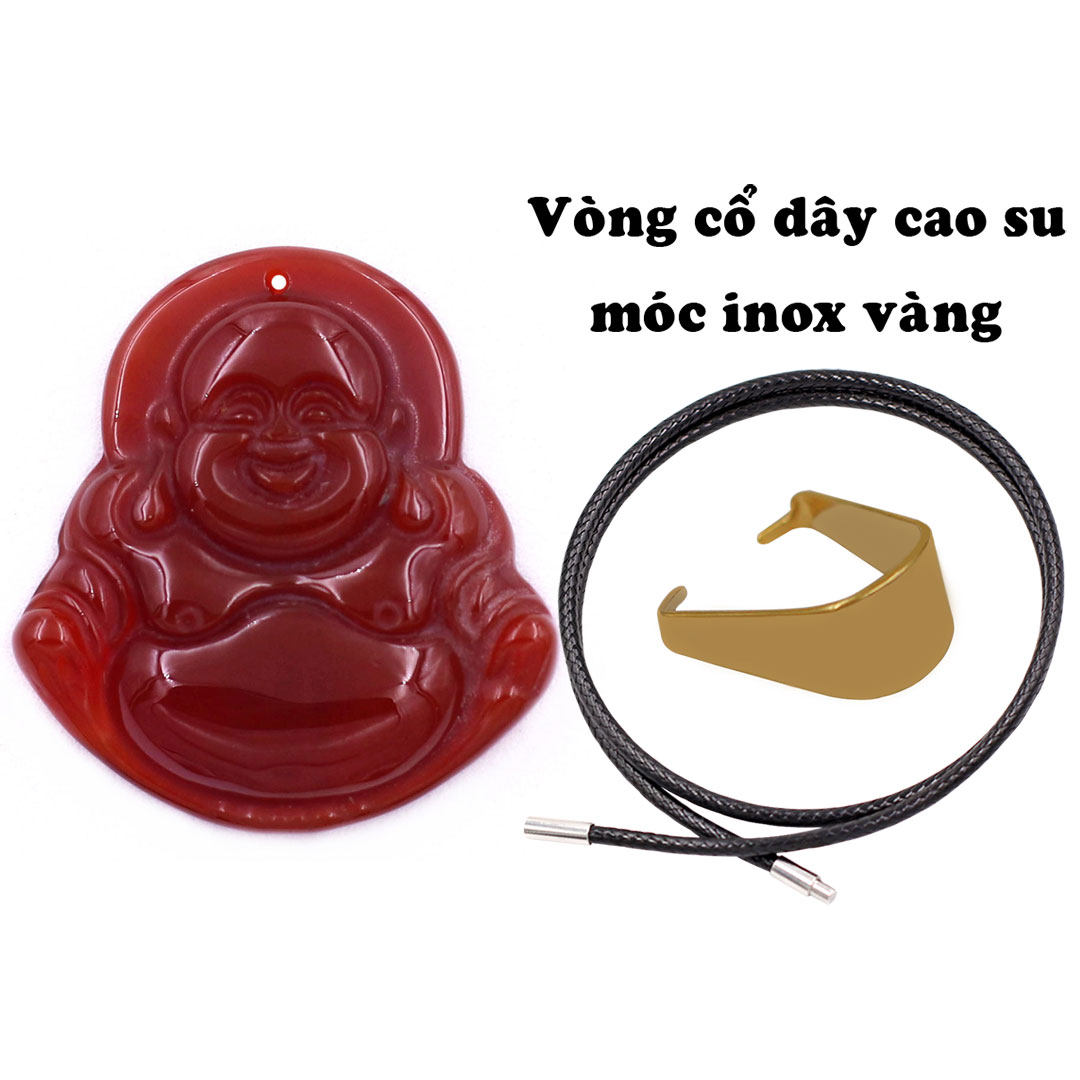 Mặt Phật Di lặc mã não đỏ 3.6 cm kèm vòng cổ dây dù đen + móc inox vàng, mặt dây chuyền Phật cười