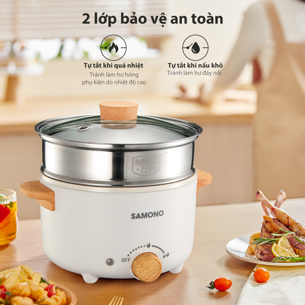 Nồi điện đa năng SAMONO SW-DG01S Dung tích tổng 4 lít Lớp chống dính ceramic kim cương Công suất 150 -600 W Xửng hấp inox HÀNG CHÍNH HÃNG