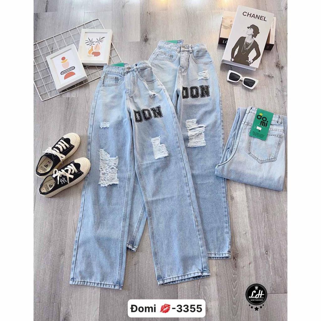 Quần jean rách đùi nữ loang màu ống rộng ulzzang lưng cao thêu chữ DON Lê Huy Fashion MS 3355
