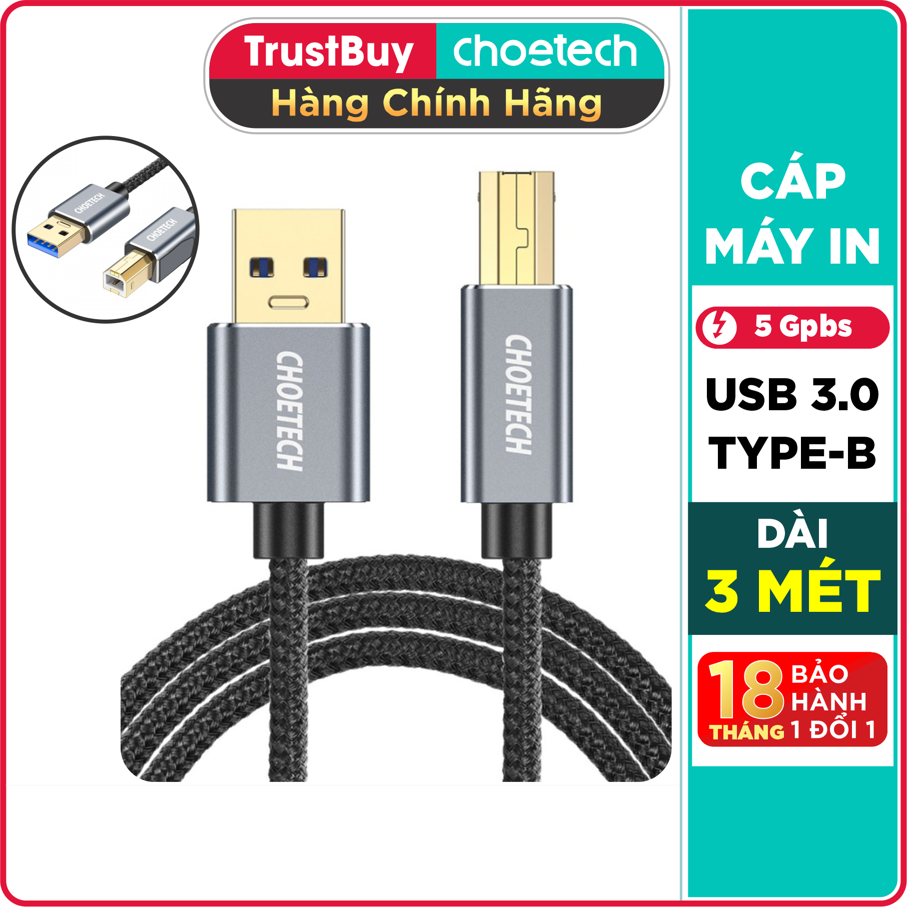 Dây Cáp Máy In USB 2.0 Từ USB-A To Type-B Dài 3M CHOETECH AB0011 - Hàng Chính Hãng