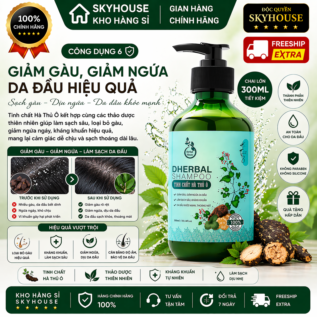 Dầu gội thảo dược thiên nhiên tinh chất hà thủ ô độc quyền DHERBAL chai 300ml dầu gội tóc chắc khỏe suôn mượt chính hãng