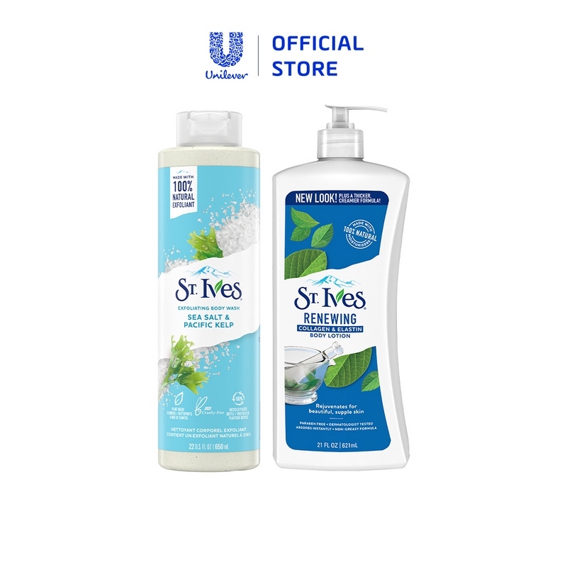 Combo Sữa tắm St.ives Muối biển 650ml và Sữa dưỡng thể St.Ives collagen trẻ hoá da 621ml