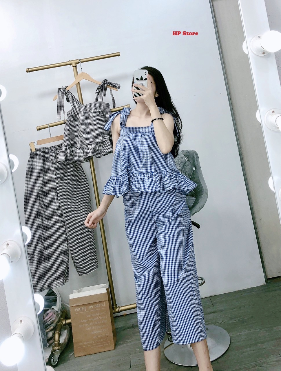 Đồ Bộ Nữ Kẻ Sọc Caro Thắt 2 Nơ Vai Xinh Xắn Thời Trang