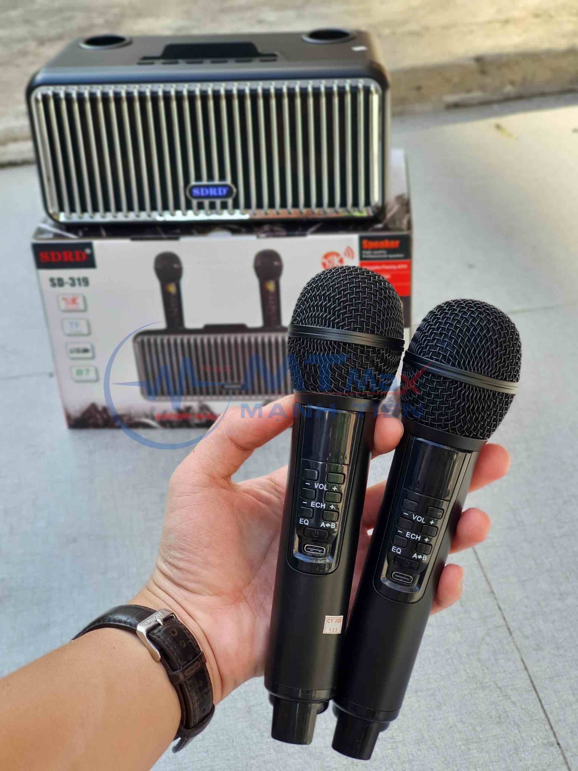 [Hàng mới về] Loa karaoke bluetooth SD319 2 mic âm thanh hay nhỏ gọn phiên bản mới Tặng kèm 2 micro không dây có màn hình LCD - Sạc pin cho micro ngay trên loa - Chỉnh âm lượng ngay trên micro