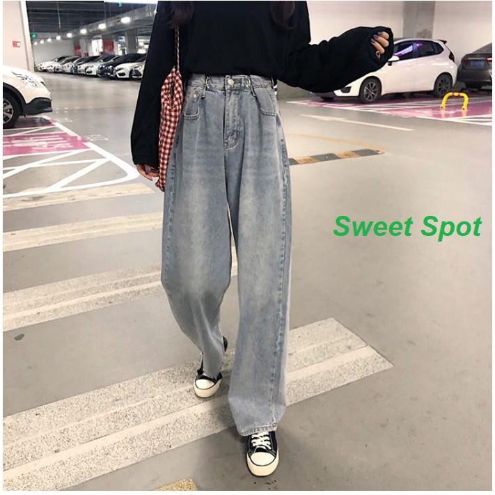 Quần jeans nữ cạp cao ống rộng hack dáng tùy chỉnh eo