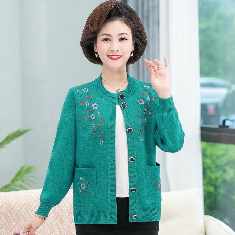 Áo cardigan len, Áo khoác len trung niên dệt kim thêu hoa cài cúc, Full size- Món quà tặng bà tặng mẹ KLGN06