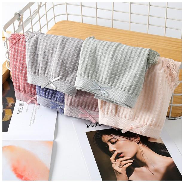 Quần lót cotton kẻ caro phối viền ren chất co dãn siêu thấm hút ôm eo viền phối ren cực xinh BH4701