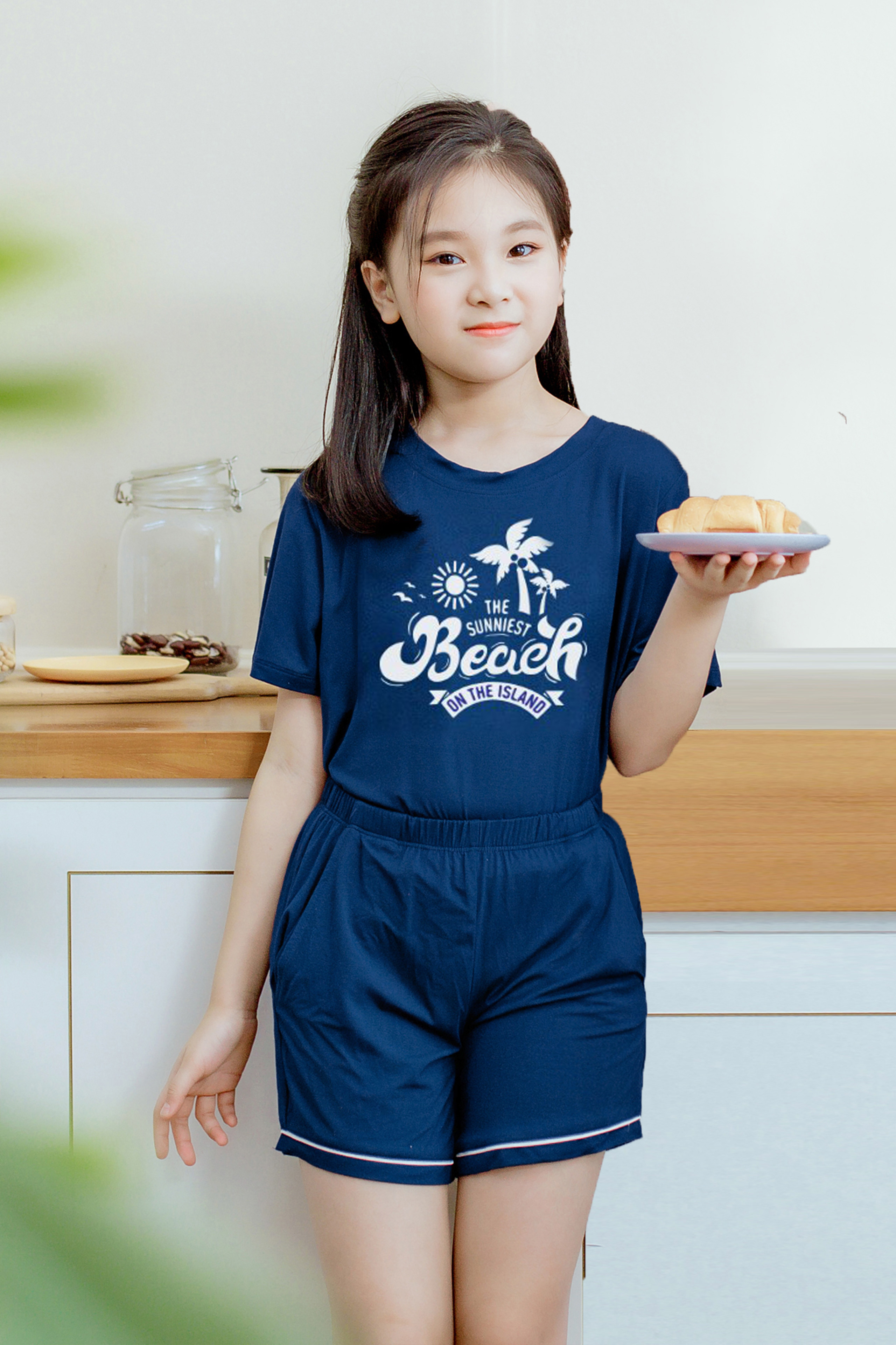 Bộ cộc tay chui cổ trẻ em vải bamboo cao cấp Chou's - Màu xanh navy