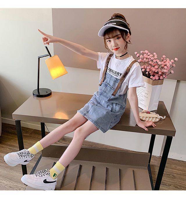 DONGSHOP 2023 Mùa xuân và mùa thu tây phiên bản Hàn Quốc của cô gái váy trẻ em denim dây đeo váy vest đầm bé