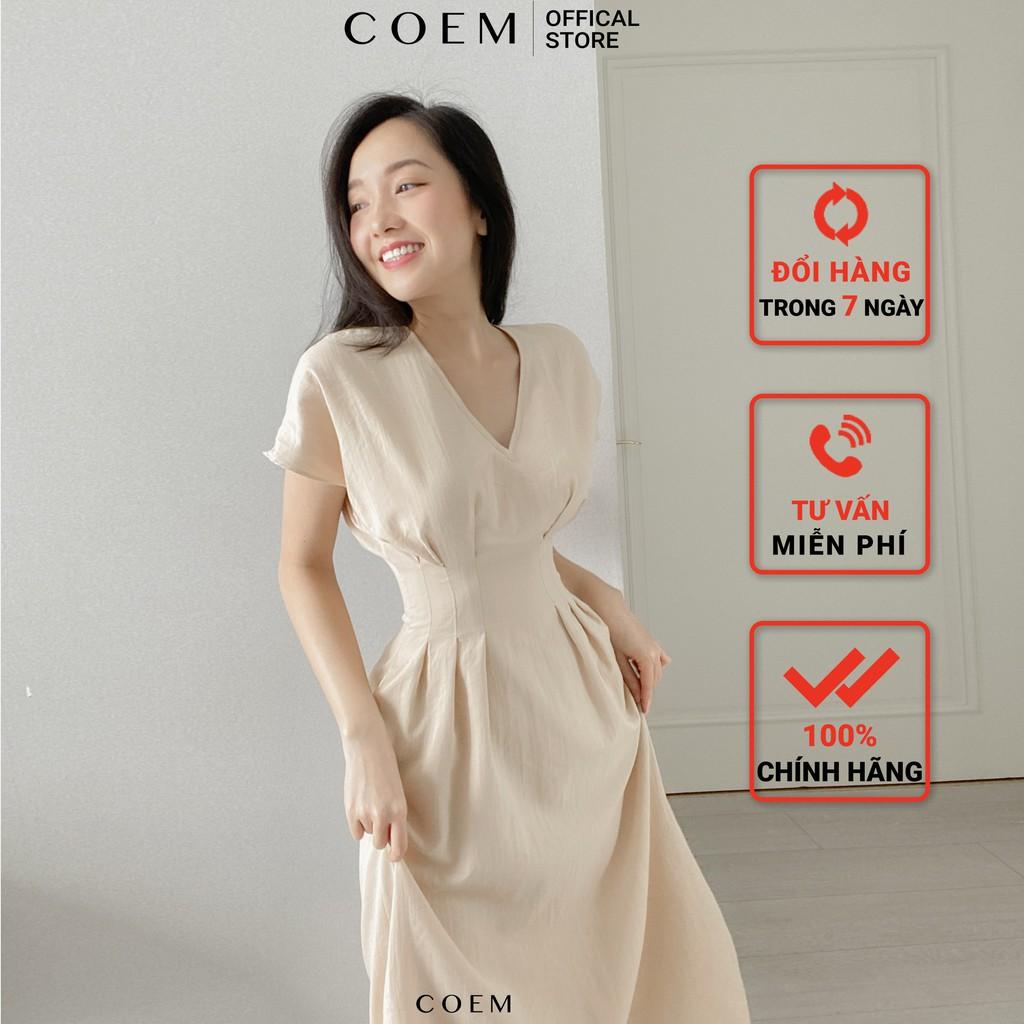 Đầm Midi Cổ Xẻ Chiết Eo Chất Liệu Linen Premium Màu Nude CO EM Thiết Kế Thanh Lịch Nữ Tính Phù Hợp Công Sở Đi Tiệc