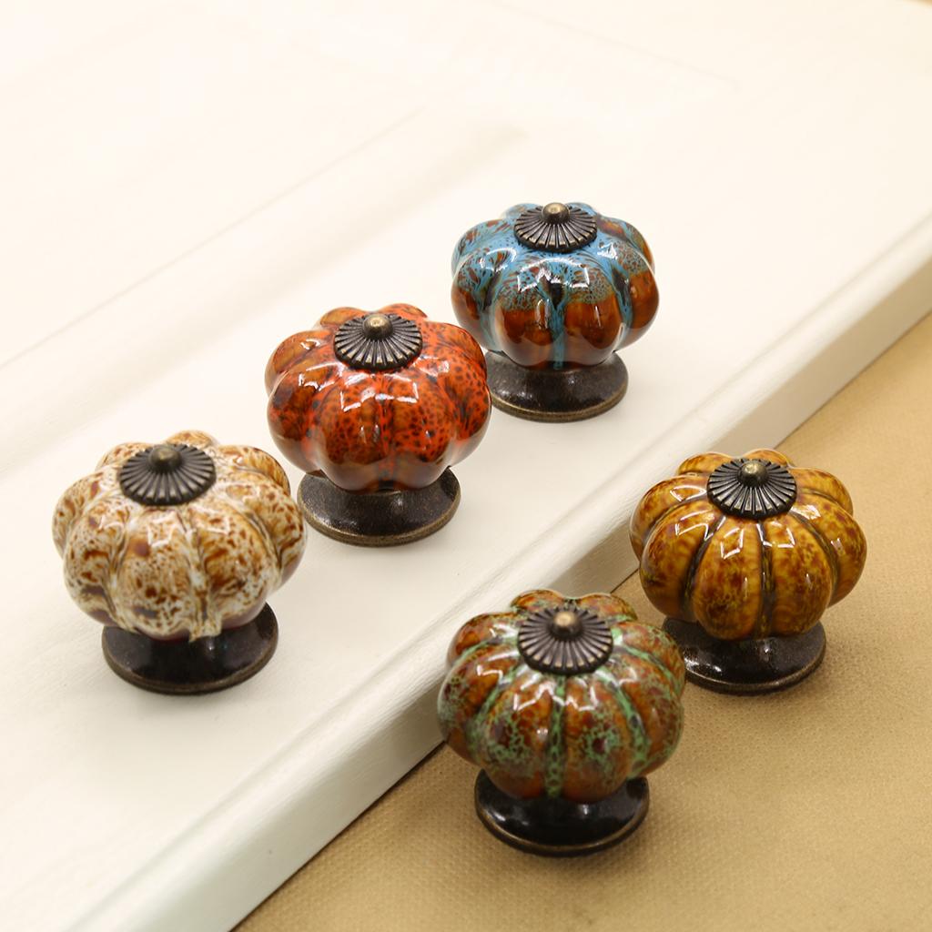 2x Round Pumpkin Shape Ceramic Cabinet Handles Orange