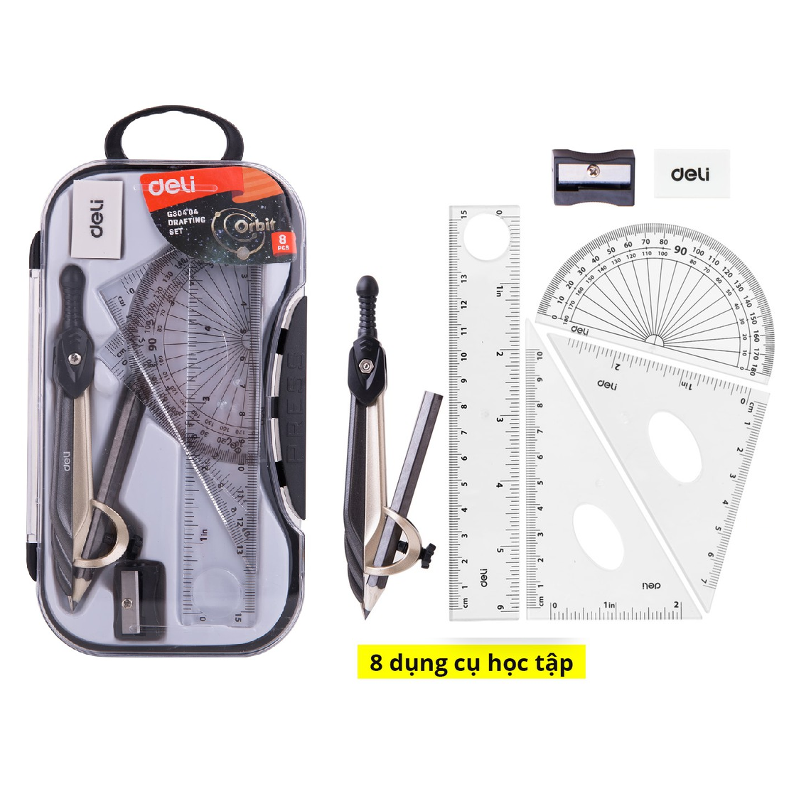 Bộ compa, eke thước kẻ Deli G30404 - Gồm 8 món tiện dụng
