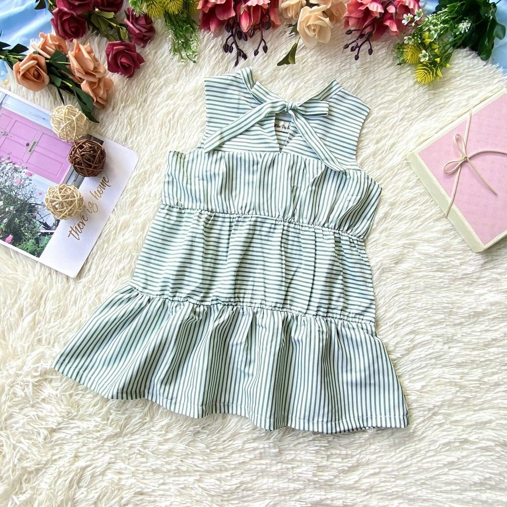 Đầm trẻ em, váy cho bé màu xanh sọc thắt nơ dễ thương