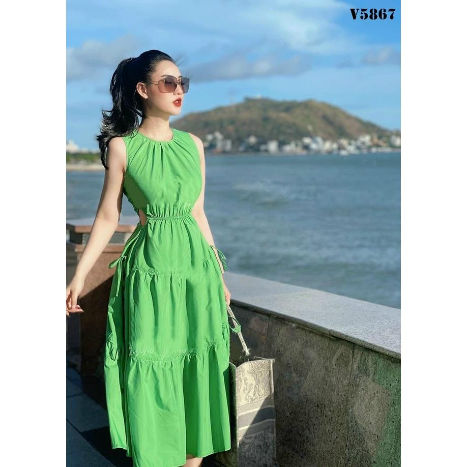 Váy đầm nữ dáng xòe cổ tròn hở eo phong cách trẻ trung hiện đại