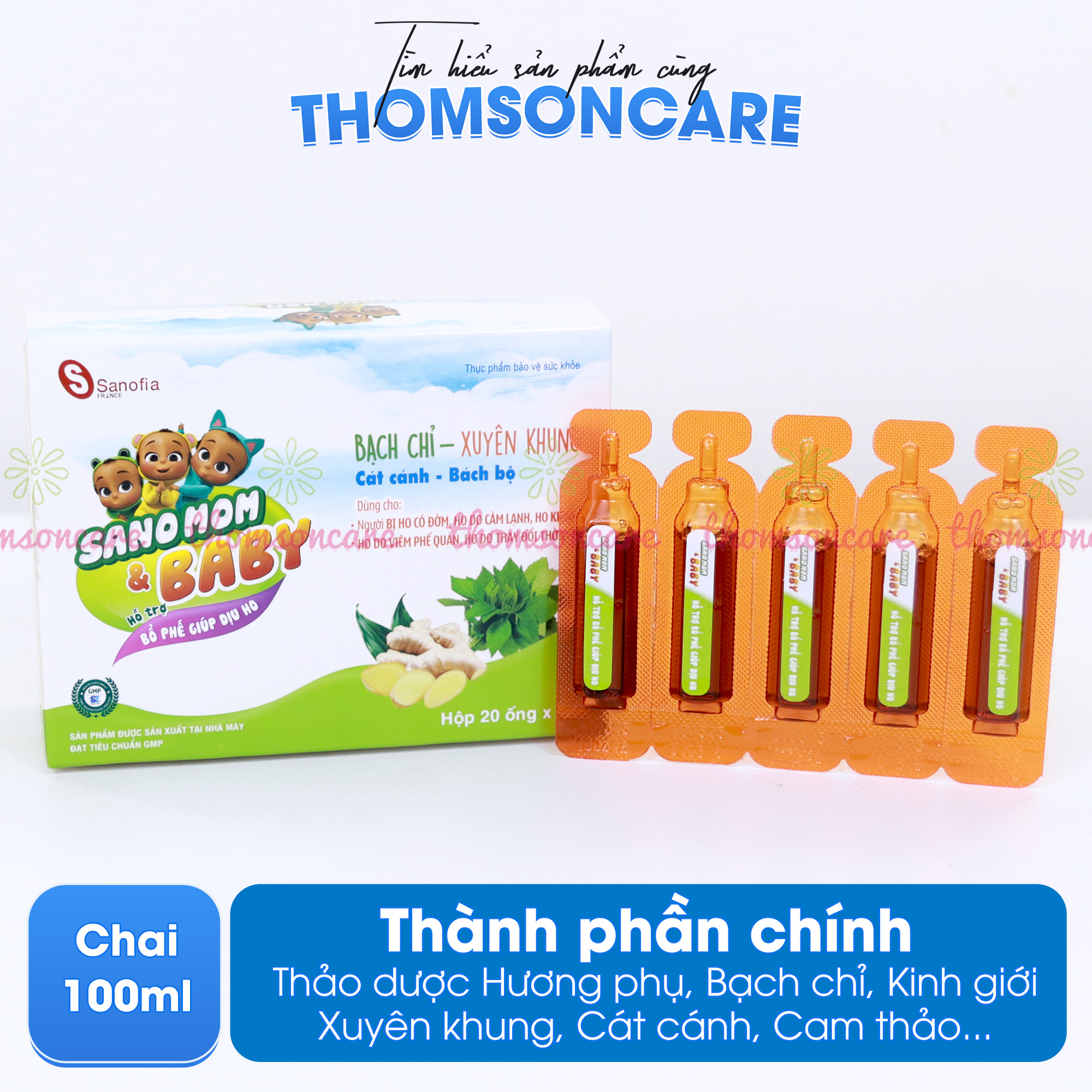 Siro bổ phế Sano Mom Baby Sanofia, giúp bổ phế, giảm ho an toàn cho mẹ bầu và trẻ sơ sinh - Hộp 20 ống x 5ml Thomsoncare