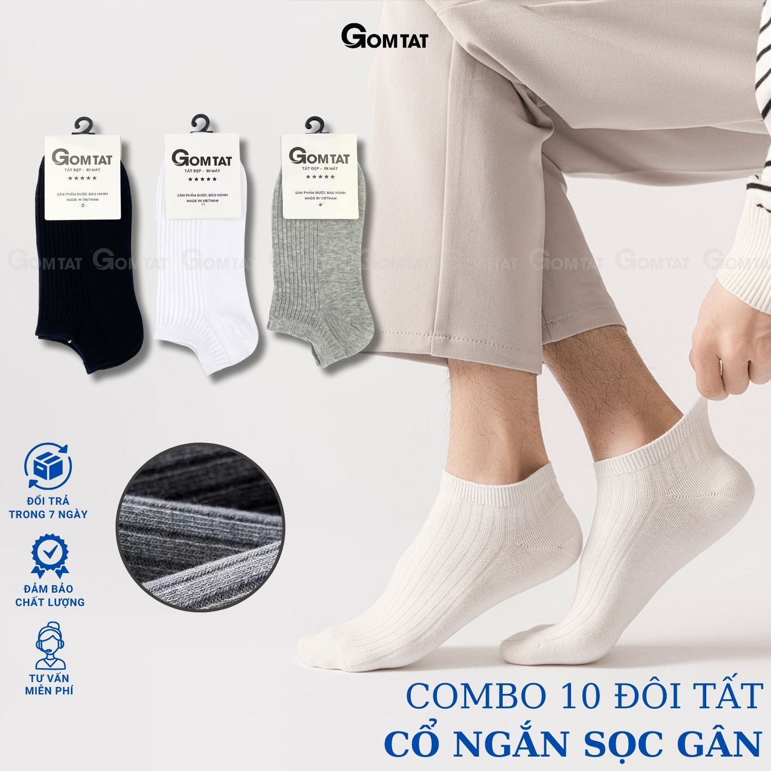 Combo 5 đôi tất nam cổ ngắn gân chìm, vớ nam ngắn cổ chất liệu cotton hút ẩm thoáng khí -FIVE-TAY10-NGAN-CB5