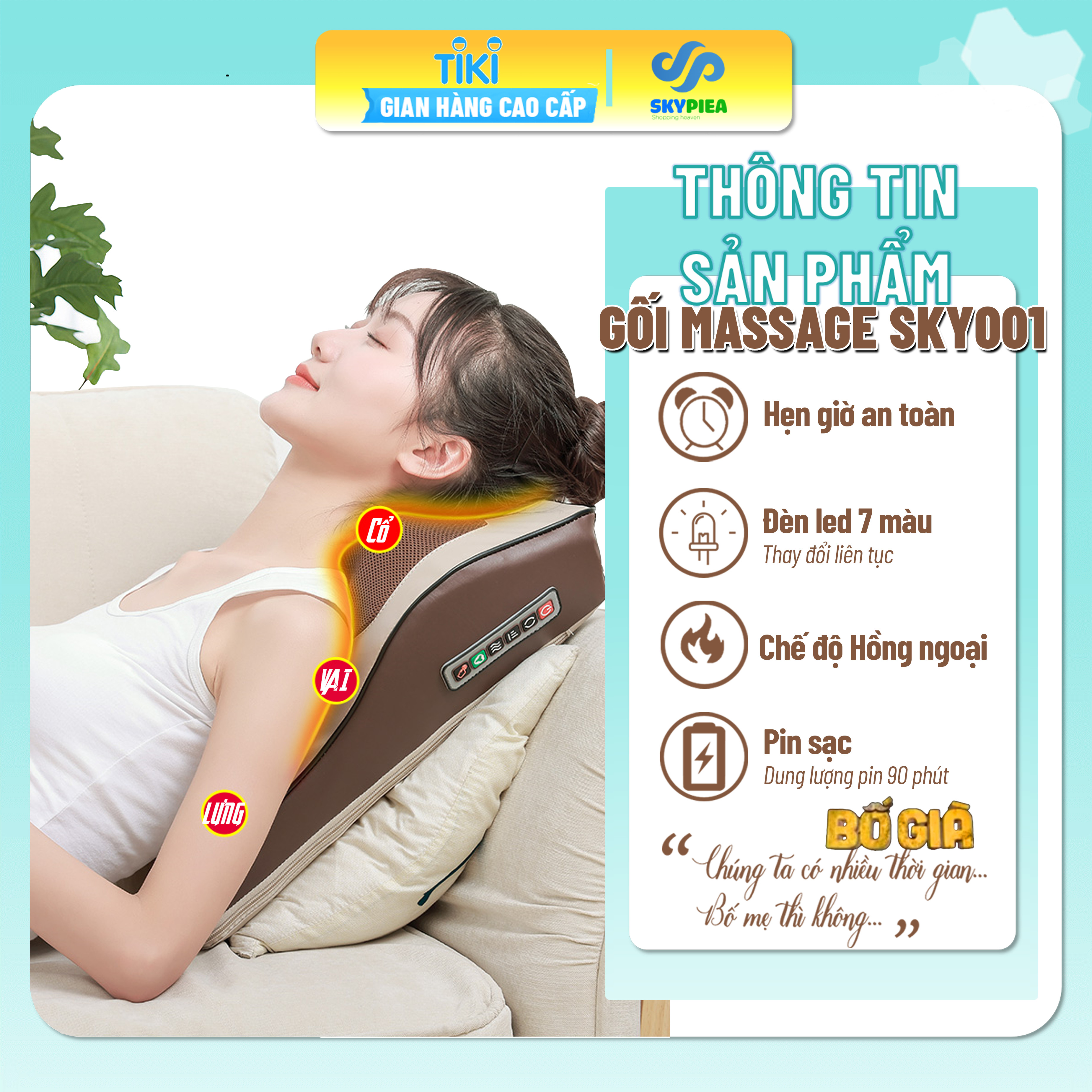 Gối Massage Hồng Ngoại - Đệm Gối Massage Kiêm Tựa Lưng 16 bi - Sử Dụng Pin Sạc - Mát Xa Cổ, Vai, Gáy