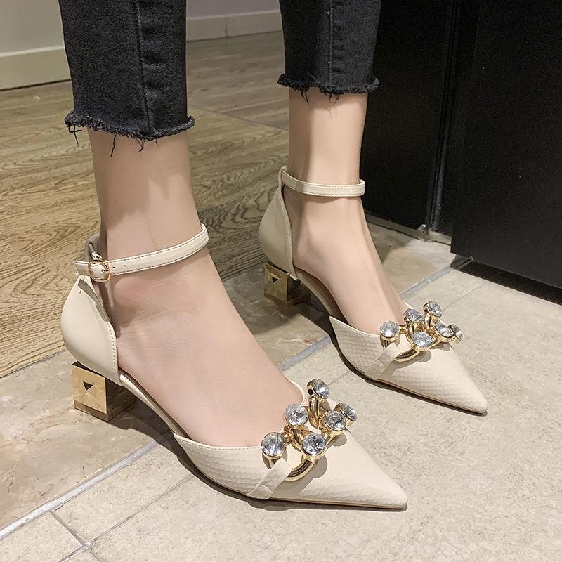 22 Spring and Summer New Fairy Diamond Fashion Sandals online celebrities in the same style with Baotou thick heel single shoe tip buckle