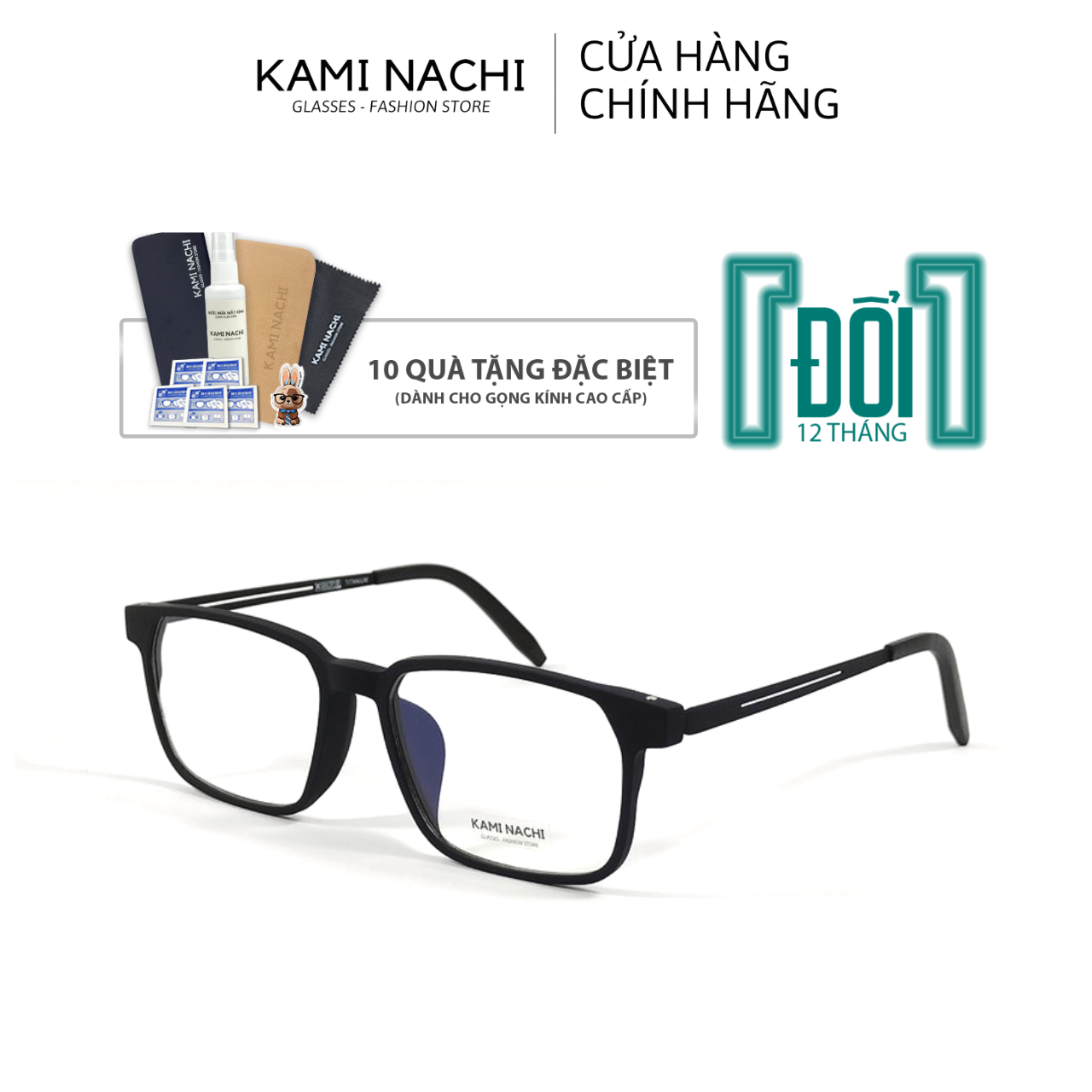 Gọng kính Titanium đen nhám dáng vuông thanh mảnh KAMI NACHI phong cách tối giản vuông Size L