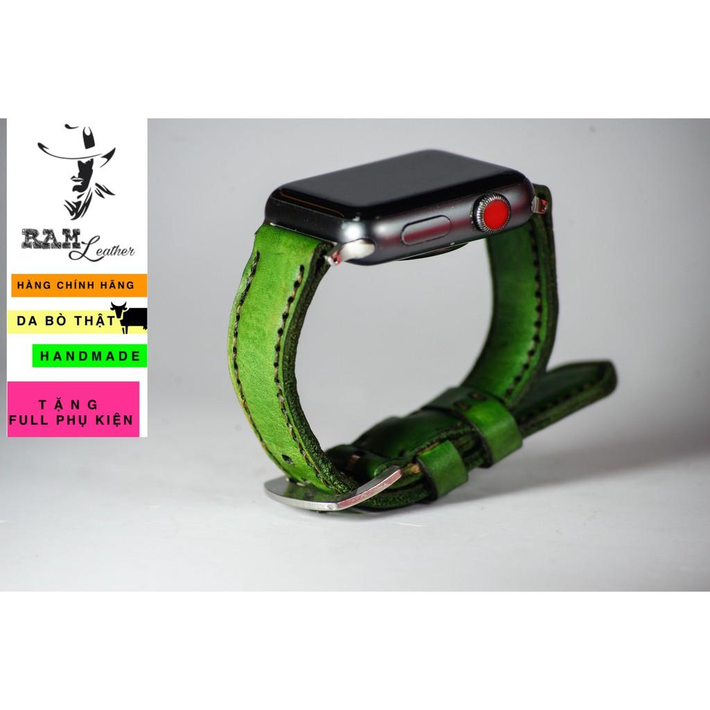 Dây đồng hồ da bò vegtan xanh lá handmade - RAM classic 1973 - da bò thật