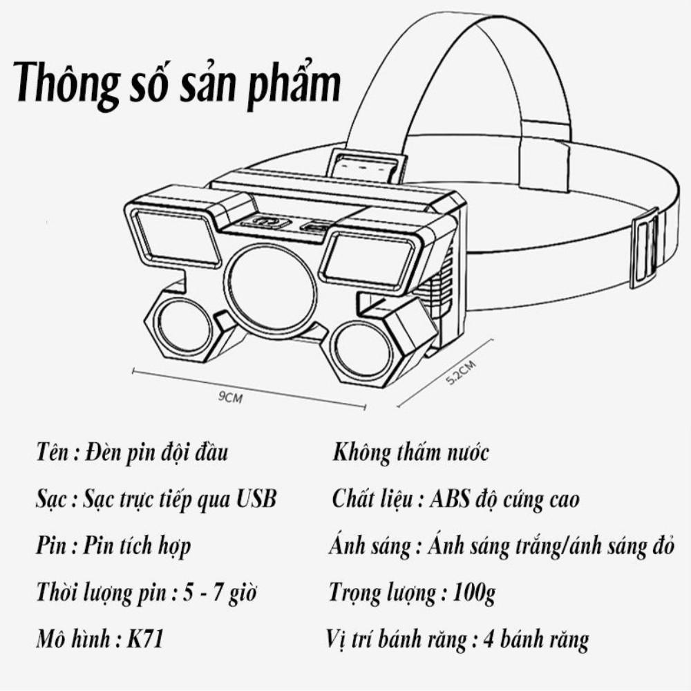 Đèn Pin Đội Đầu 5 Bóng Tích Điện, Có Dây Đeo Đầu Chống Nước Tiện Lợi (MẪU MỚI)