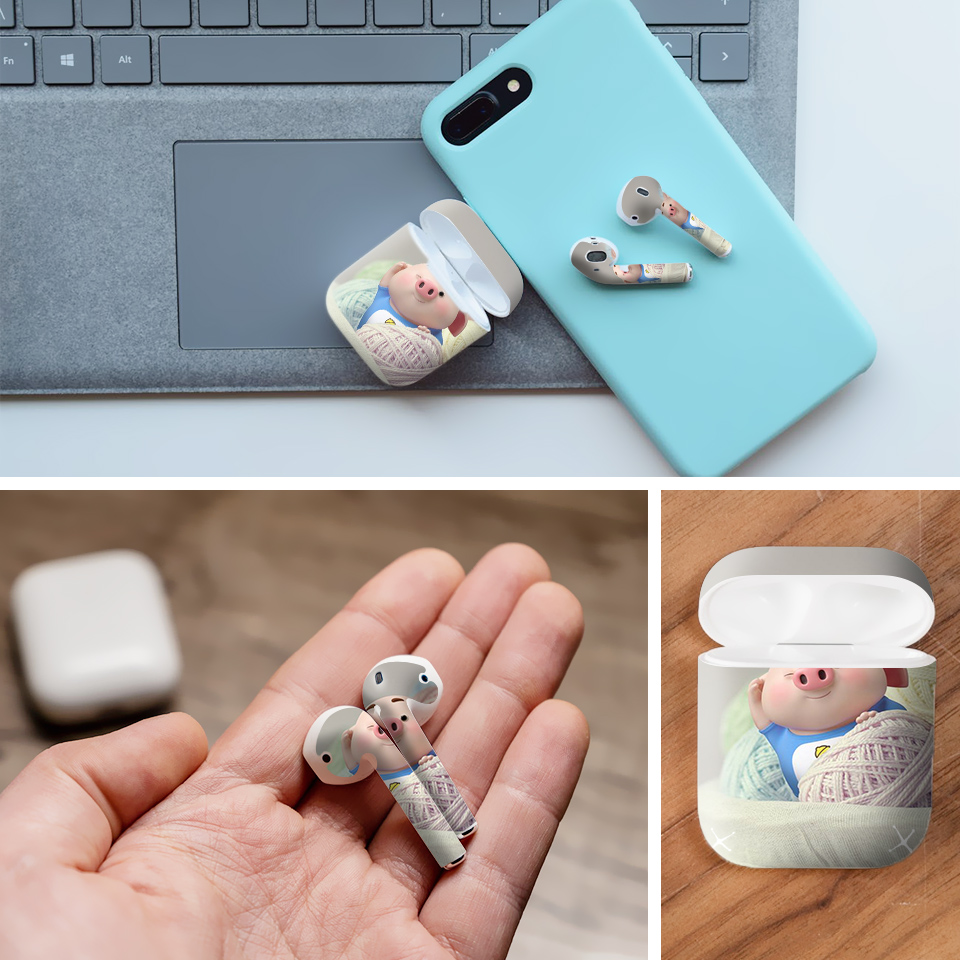 Miếng dán skin chống bẩn cho tai nghe AirPods in hình Heo con dễ thương - HEO2k19 - 128 (bản không dây 1 và 2