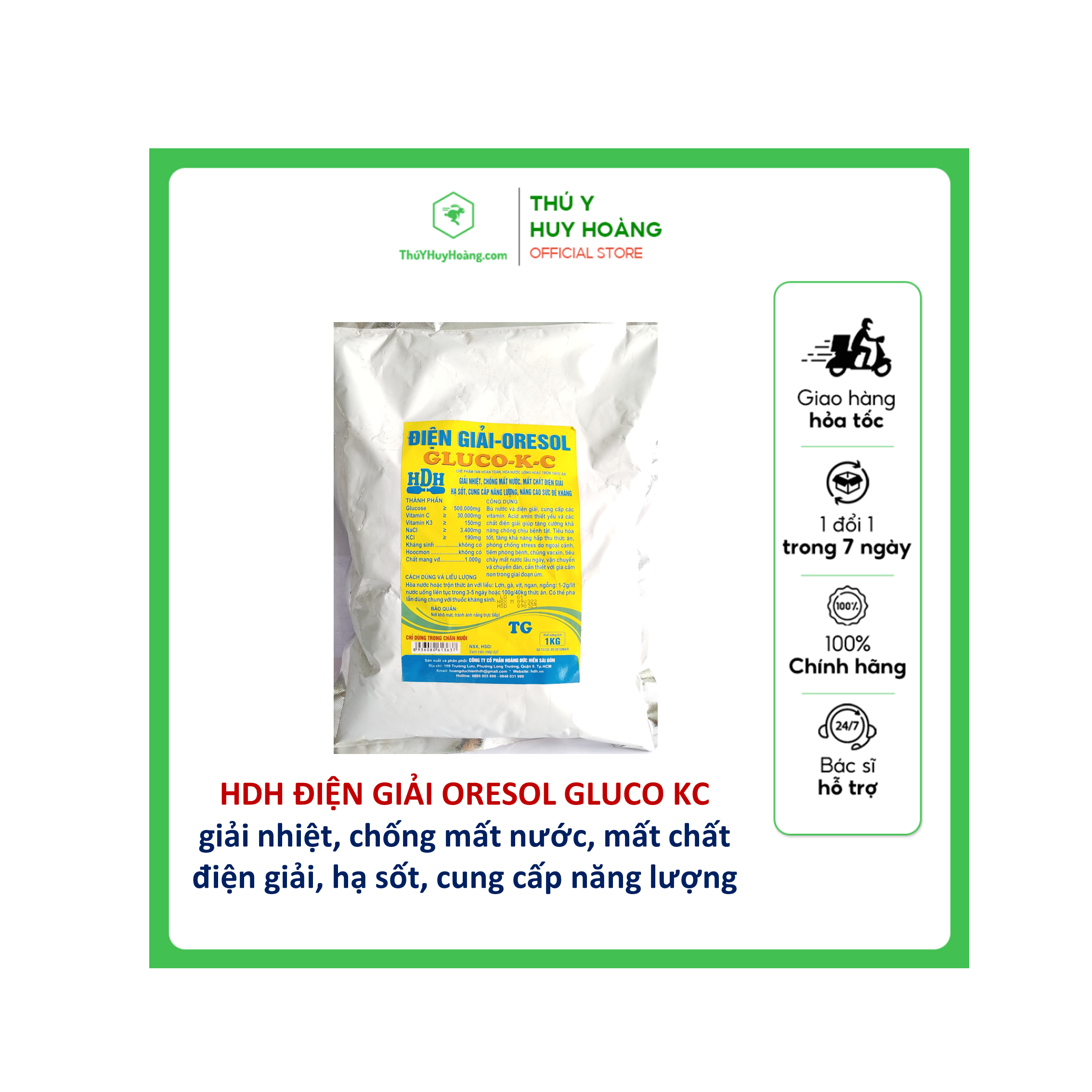 HDH ĐIỆN GIẢI ORESOL GLUCO KC 1KG chế phẩm tan hoàn toàn hoà nước uống hoặc trộn thức ăn giải nhiệt, chống mất nước, mất chất điện giải, hạ sốt, cũng cấp năng lượng
