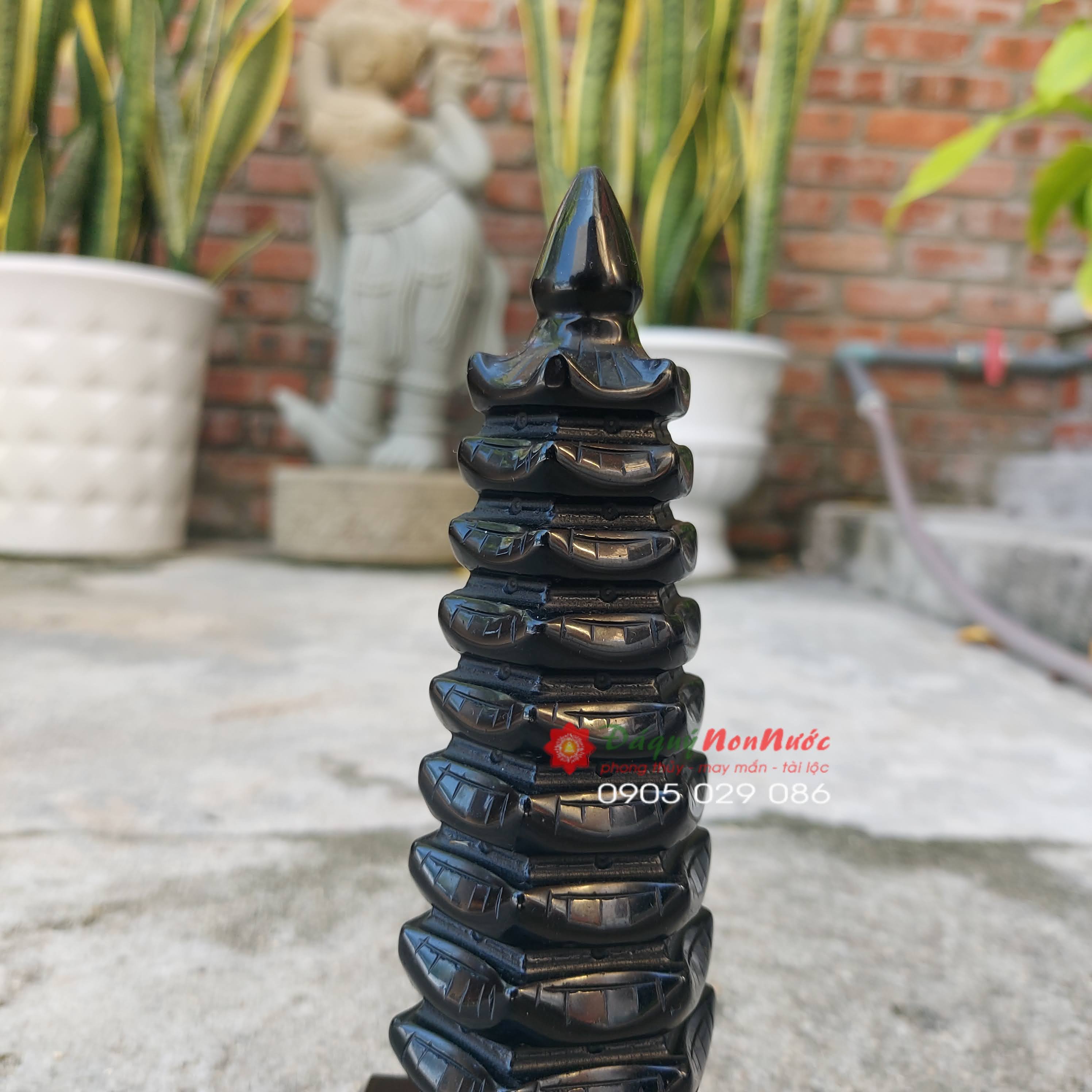 Tháp văn xương 9 tầng phong thuỷ đá Obdsidian cao 13cm - đá Non Nước