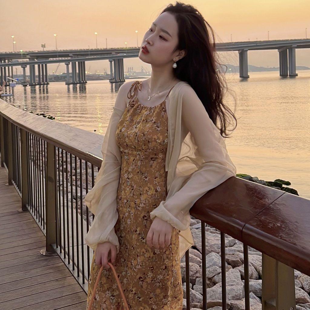 CHENGRUI Váy lụa trắng, váy lụa hoa, váy dài mùa hè 2023.