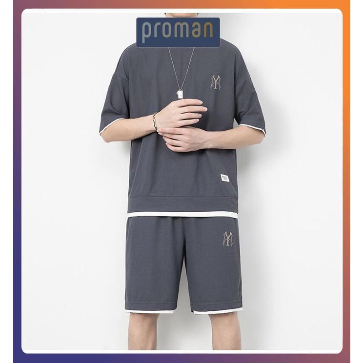 Bộ Đồ Nam Mặc Nhà Cotton Chất Tổ Ong, Bộ Thể Thao Nam Xịn Xò Thêu Nổi NY Chắc Chắn BO09 - PROMAN