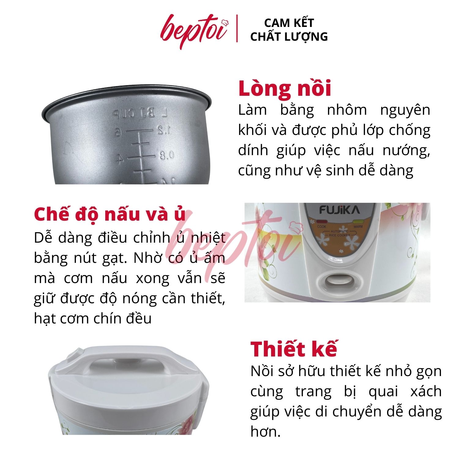 Nồi cơm điện nắp gài Fujika, nồi cơm điện mini dung tích 1L - 1.5L - 1.8L NC-Series - Hàng chính hãng