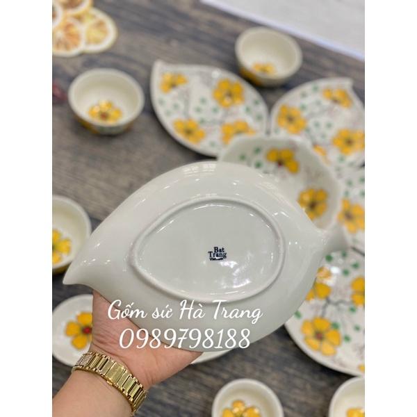 Bộ bát đĩa gốm sứ Bát Tràng cao cấp không chì hoa 6 cánh vẽ hoa vàng