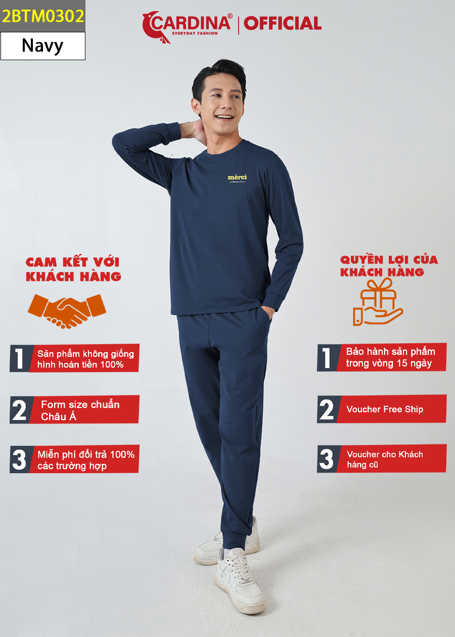 Đồ Bộ Nam CARDINA Chất Cotton Cao Cấp In Chữ Áo Dài Quần Dài Bo Gấu Kiểu Dáng Thể Thao 2BTM03