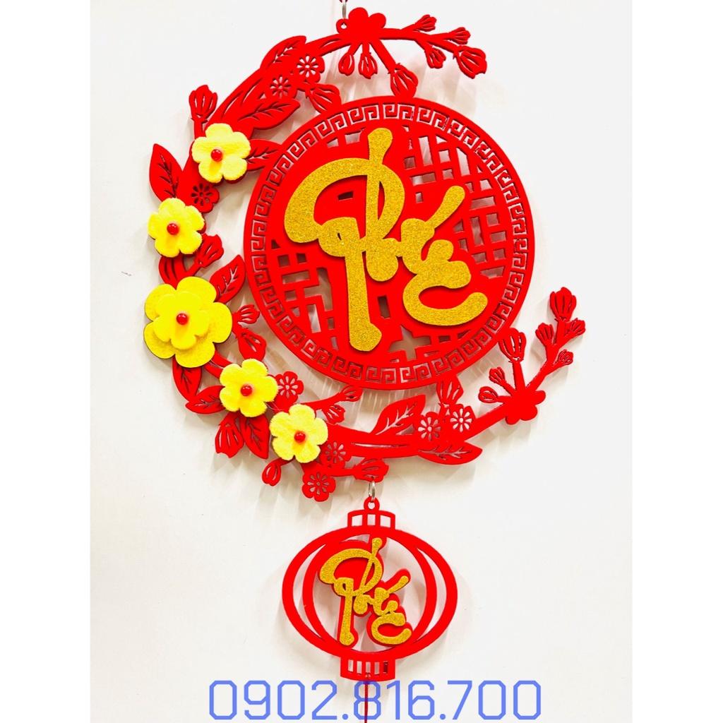 Dây liễng treo nhung đỏ chữ PHÚC - LỘC - THỌ nổi 3D hoa mai vàng phụ kiện trang trí tết