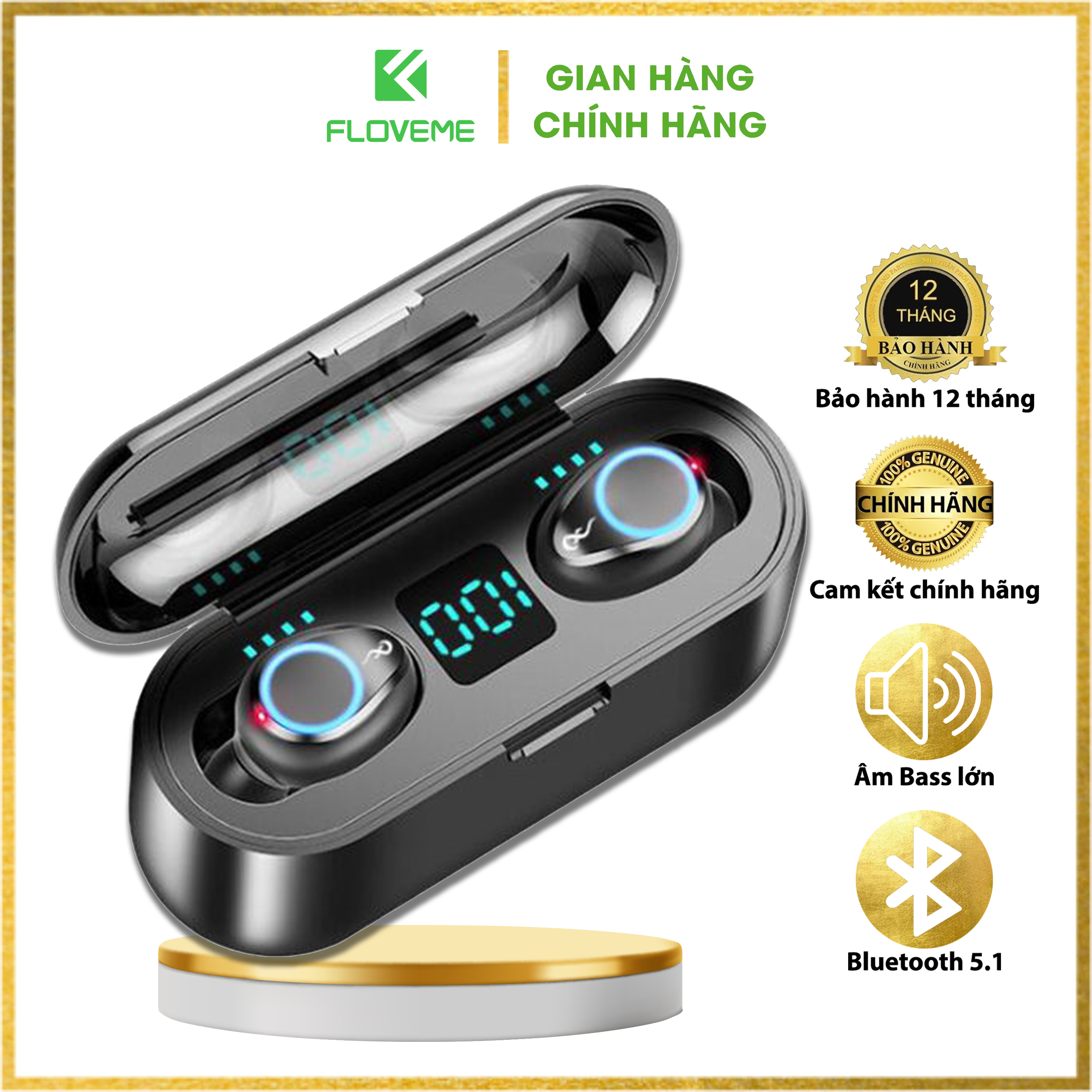 Tai nghe bluetooth không dây FLOVEME F9 True wireless Dock Sạc ,hỗ trợ đàm thoại độ trễ cực thấp khi chơi game, Bass mạnh mẽ - Hàng chính hãng